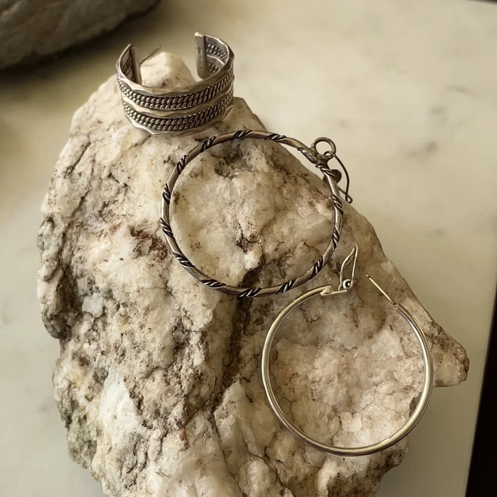 Native American Three Solo Sterling Cuff and Hoops Earrings